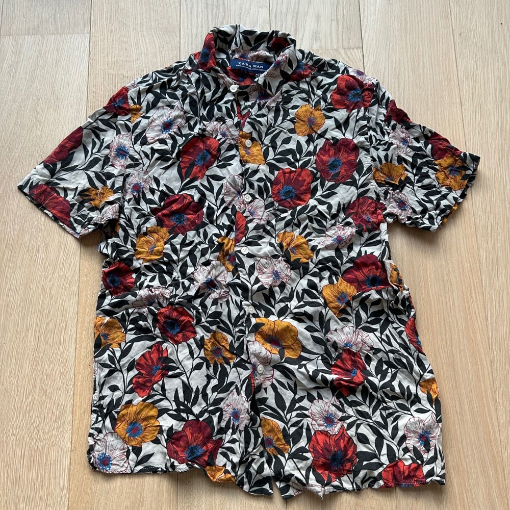 Zara Man Floral Button Down Shirt Medium Multicolor Short Sleeve Poppy Aloha - Picture 2 of 6